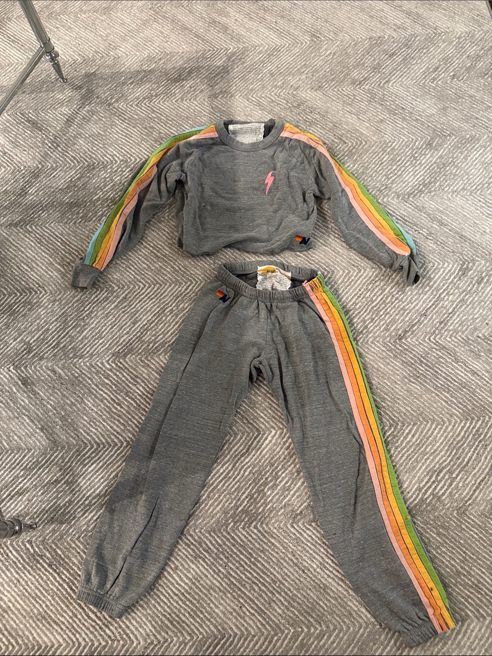 Aviator Nation Gray Sweatpants and sweatshirt with Rainbow Side Stripes